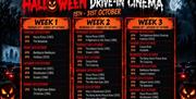 Image shows poster on Halloween Drive through Movies and timings.