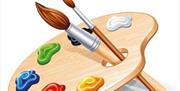 Image is of an artists palate with paintbrushes and various colours of paint