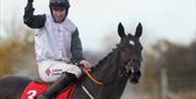 Picture of jockey on horse back waving