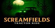 Image is of a tractor in the dark with the full moon in the background