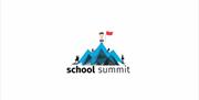 Image shows blue peak with man on top holding a red flag with written text below reading 'School Summit'