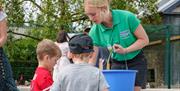 Image shows Streamvale Farm staff helping children to feed the animals.