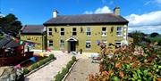 An image of the exterior of the Alchemy with views towards the entrance with bunting on building and shrubs in the gardens