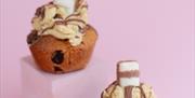 Image shows chocolate chip bun with icing and sweek on top