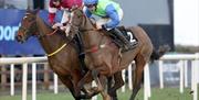 Two horses with jockeys racing around the track