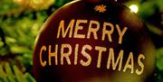 Merry Christmas bauble hanging on tree