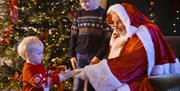 Two children meeting Santa beside a decorated Christmas tree, with one child handing Santa a festive letter.