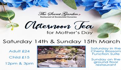Image is on Afternoon Tea Poster, with Afternoon Tea cake stand and blue flowers.