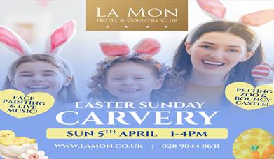 Image shows Easter Sunday Carvery Poster.  Children and Mother dressed up with Easter Bunny Ears.