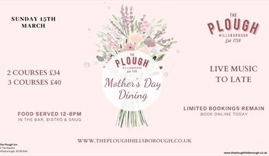 Image shows Mother's Day poster, with bunch of flowers and information on event.