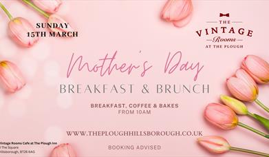 Image shows Mother's Day poster with pink tulips.