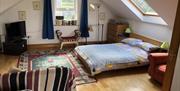 Image shows double bed with skylight above, patterned rug and TV all in main space