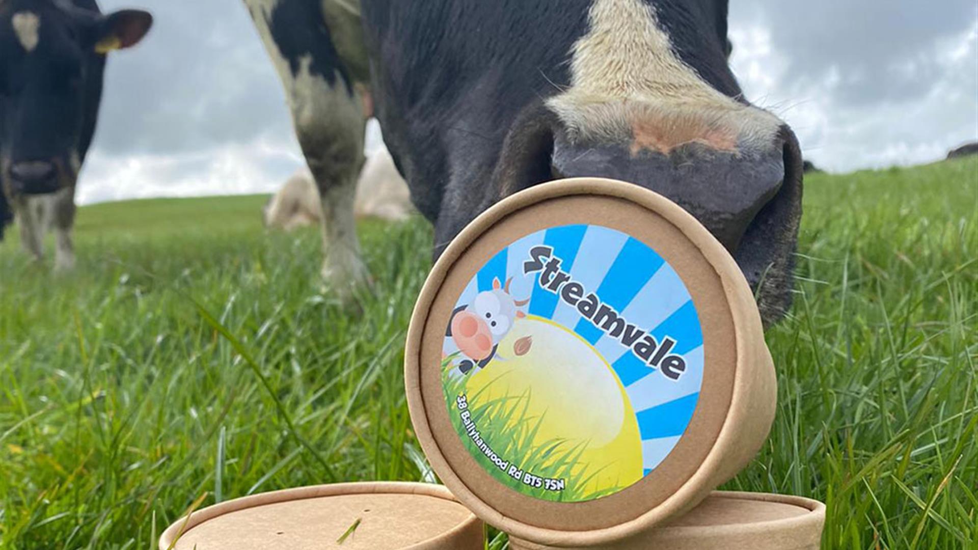 Image shows cartons of ice-cream with a cow in a field nudging one of the cartons