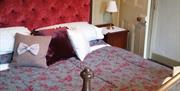 Image shows double bed with red velvet headboard and cushions, bedside table and lamp.