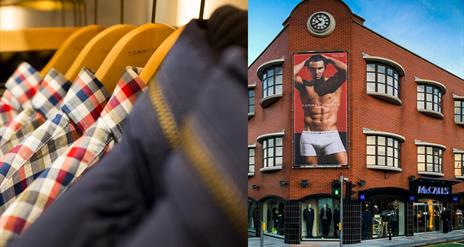 Split image shows close up of rack of shirts and jackets plus image of front of shop with advertising billboard