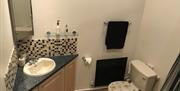 Images shows bathroom sink, mirror and toilet