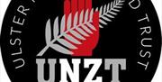 Image is of the log of the Ulster New Zealand Trust with a red hand in the centre holding a grey leaf