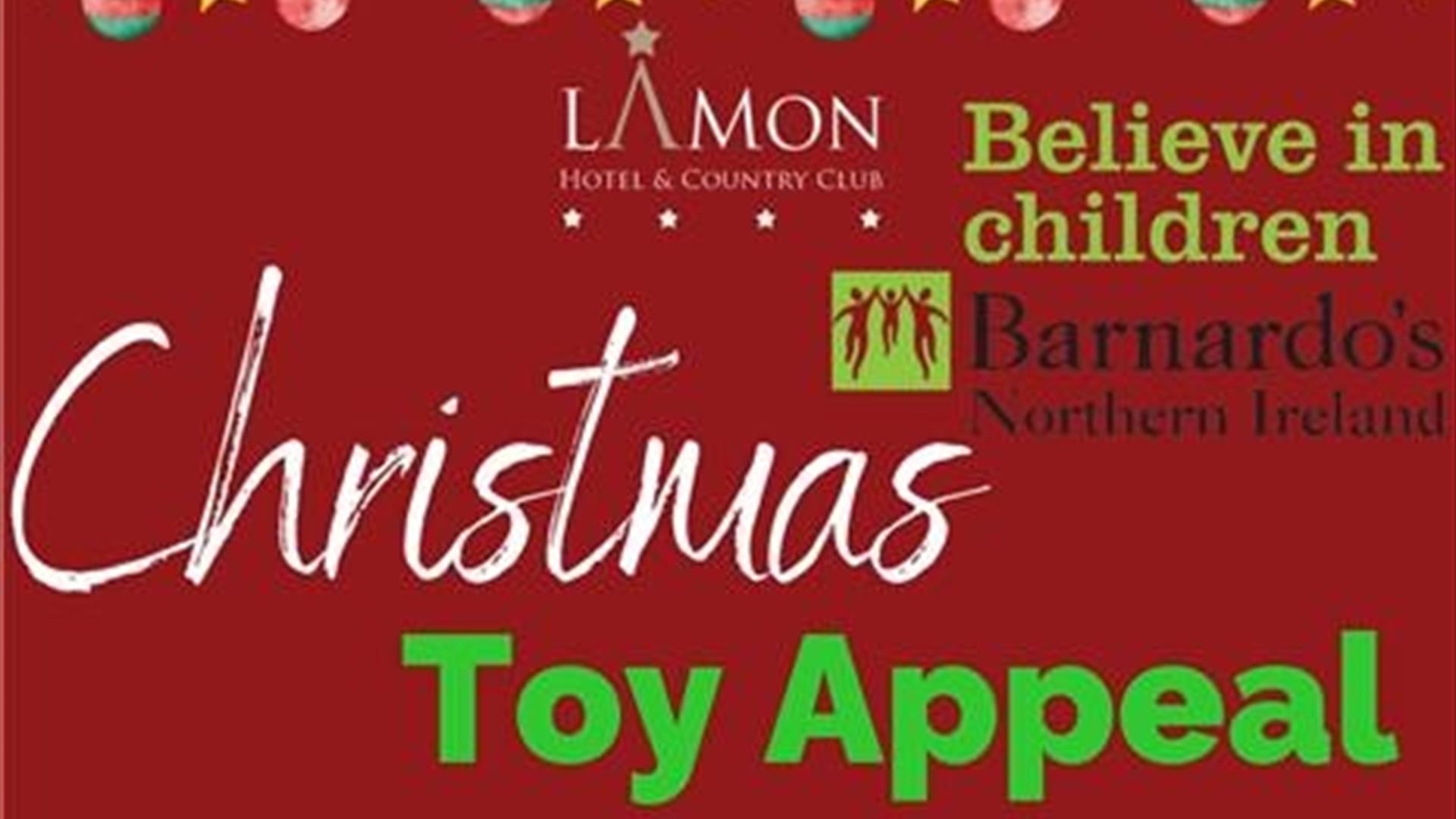Image shows deep red poster with white and green text advertising the Christmas Toy Appeal at La Mon Hotel