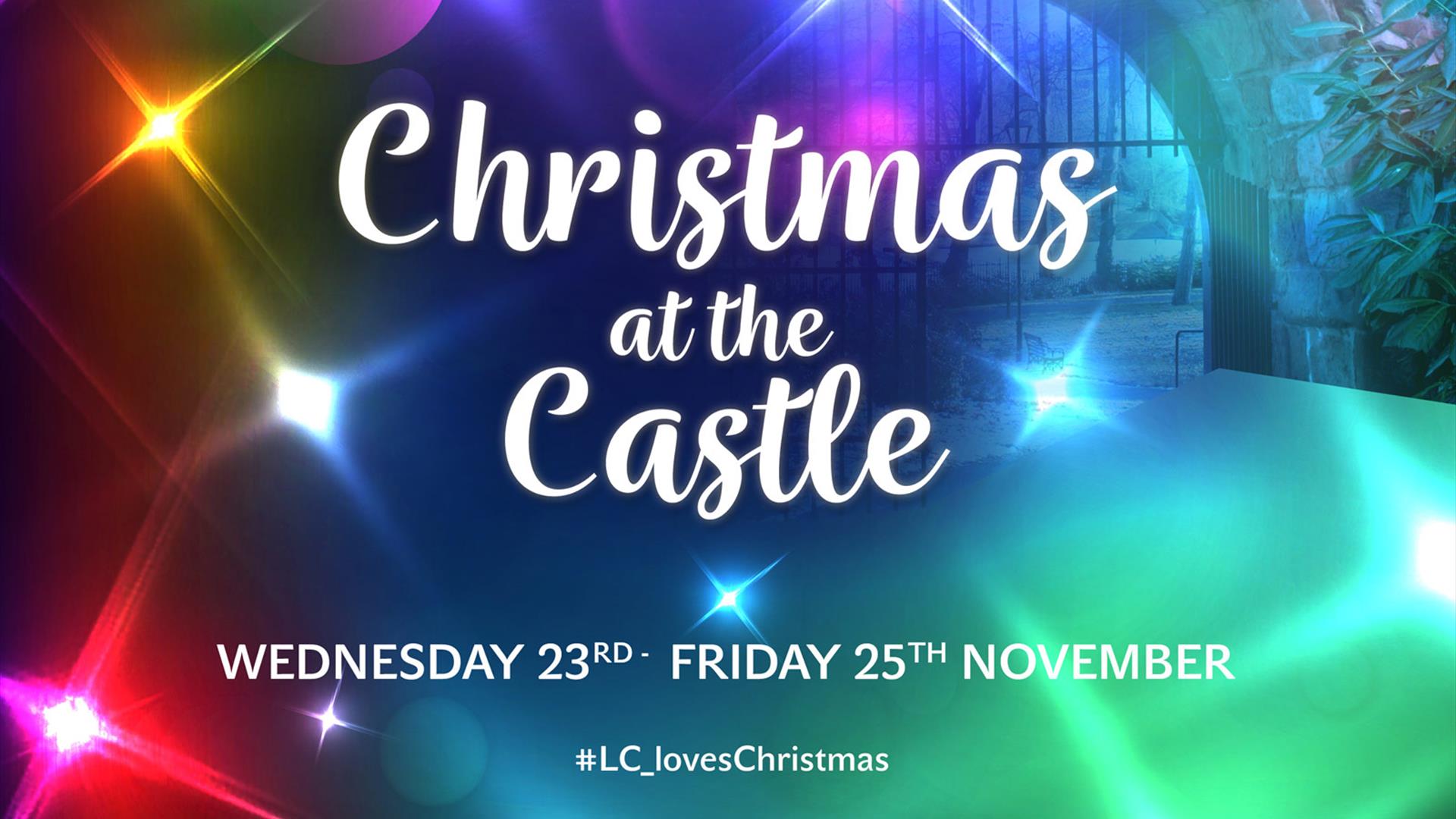 Colourful poster with Christmas Lights and shows an arch way to Castle Gardens, Lisburn