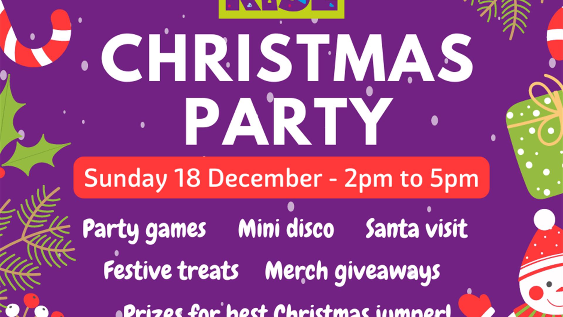 A poster with High Rise Christmas party showing text indicating Sunday 18 December 2pm-5pm