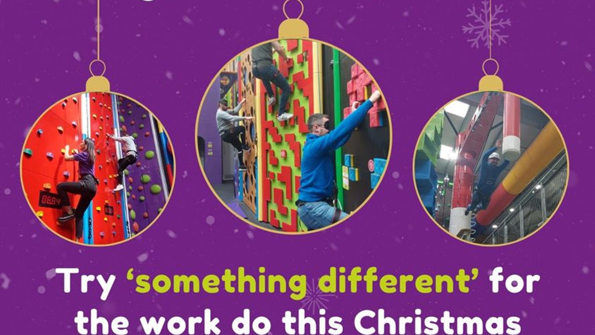Image shows purple poster with images of people on climbing wall.  Also written text in green and white advertising for something different to do at C