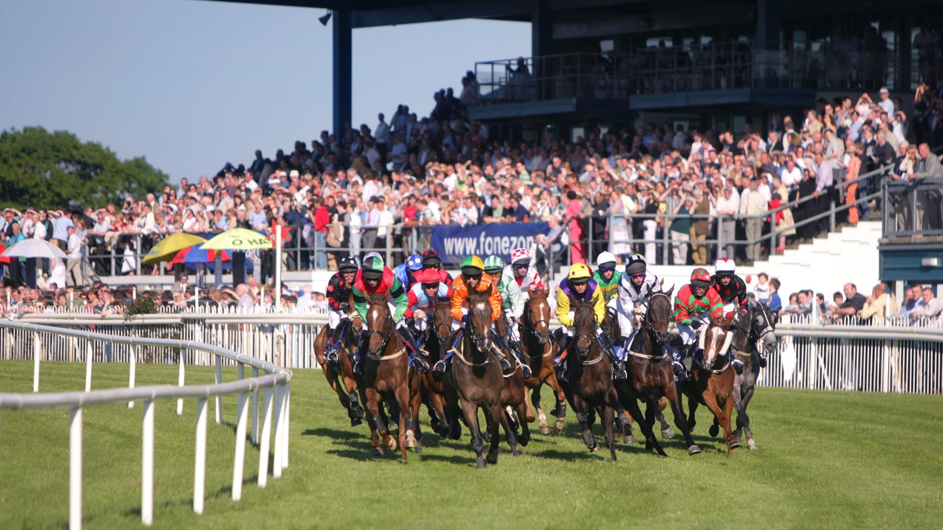 Horse racing at the Down Royal Racecourse with horses running along the track with spectators in background