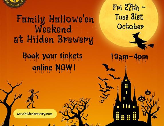 Image is of a haunted house, witches and pumpkins re Halloween event at Hilden Brewery