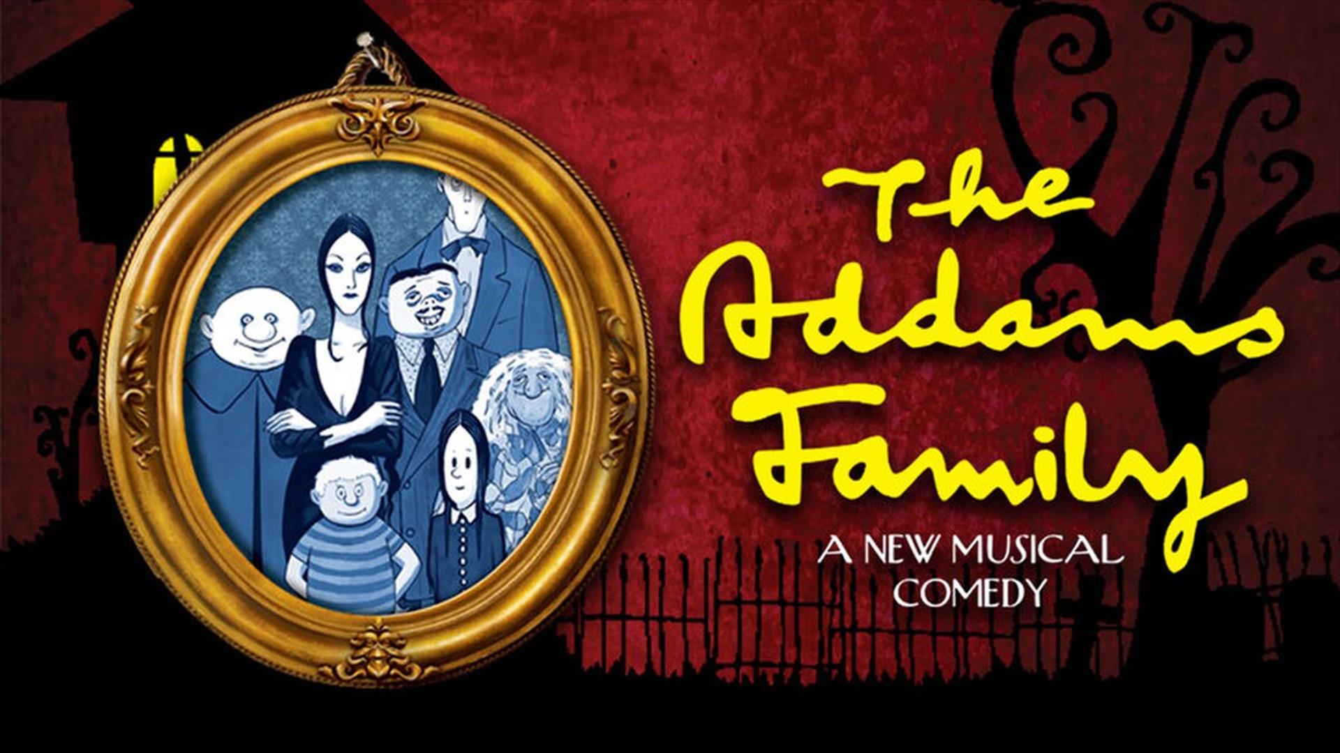 Image is of a poster advertising The Addams Family musical comedy at Lagan Valley Island