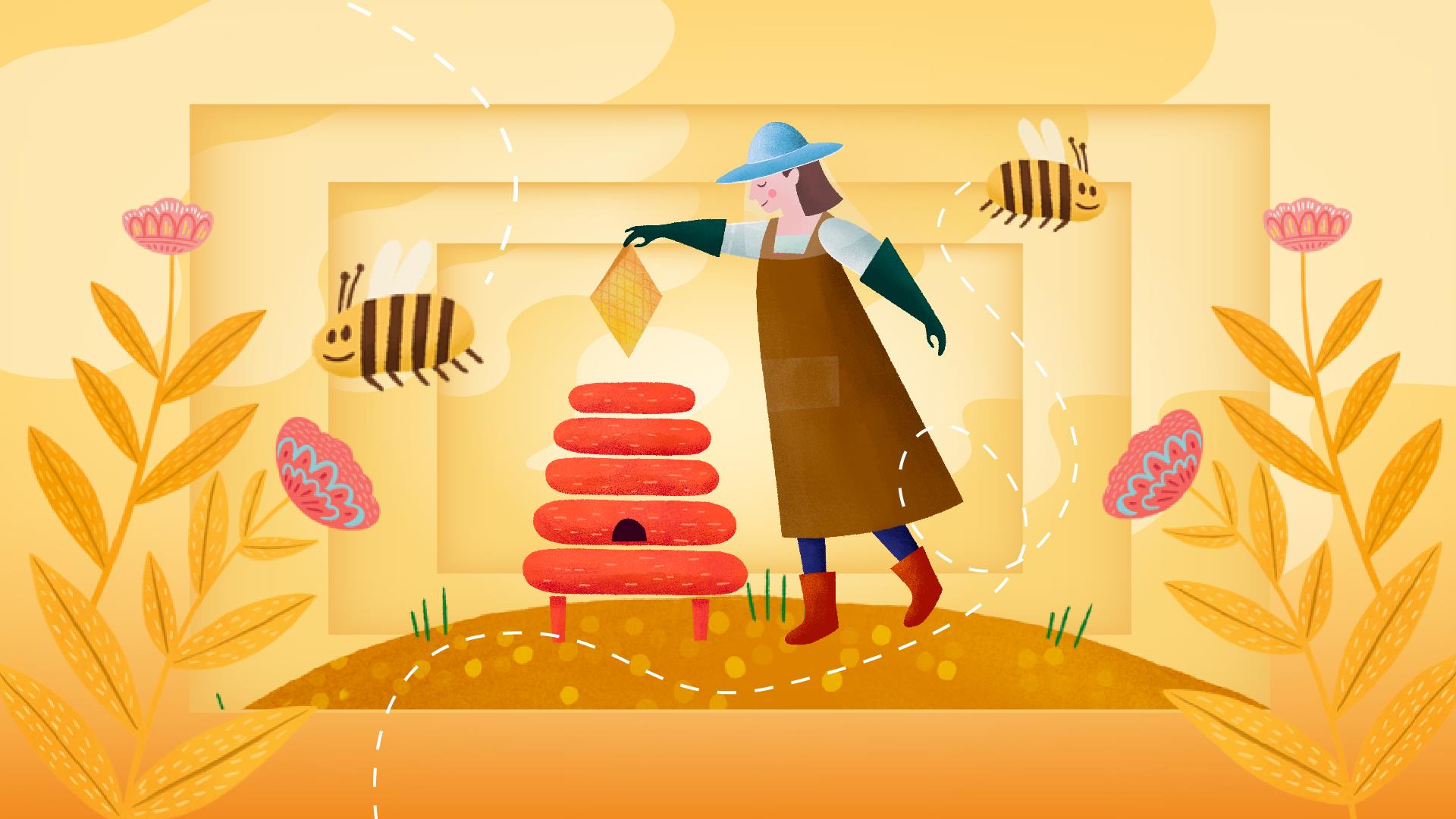 Illustration of a beekeeper taking honey from a hive