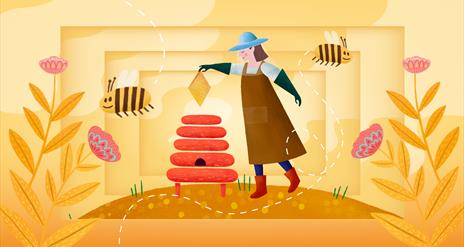 Illustration of a beekeeper taking honey from a hive