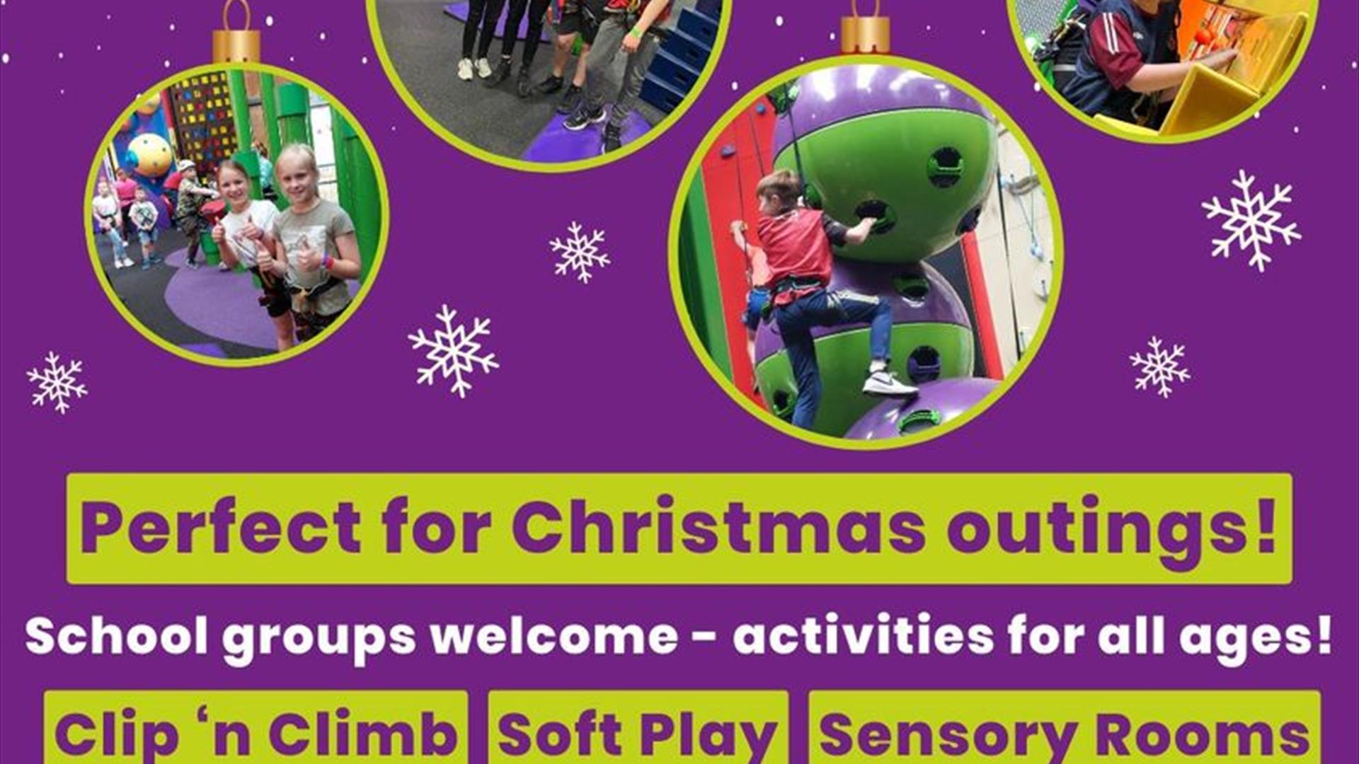 Image shows a purple poster with images of climbing walls and activities in High Rise promoting clip 'n Climb, Soft Play and Sensory Rooms. The writte