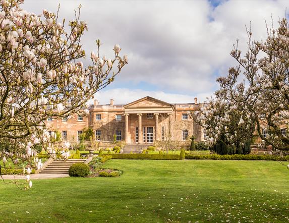 Image is of Hillsborough Castle back entrance with lawn and steps