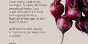 Image is a quote from a customer at the market praising it  and recommending a visit. Also shows small radishes.