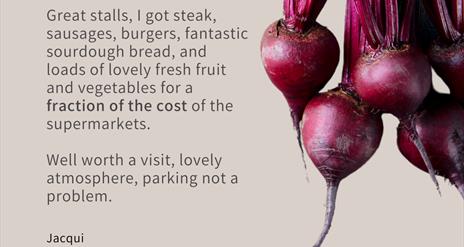 Image shows vegetables and a customer review of Inns Cross Market