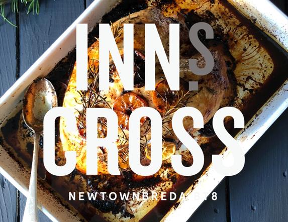 An image of the Inns Cross in words across an image of food
