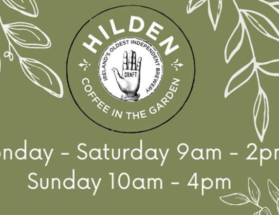 Shows image of coffee shop at Hilden logo with opening times