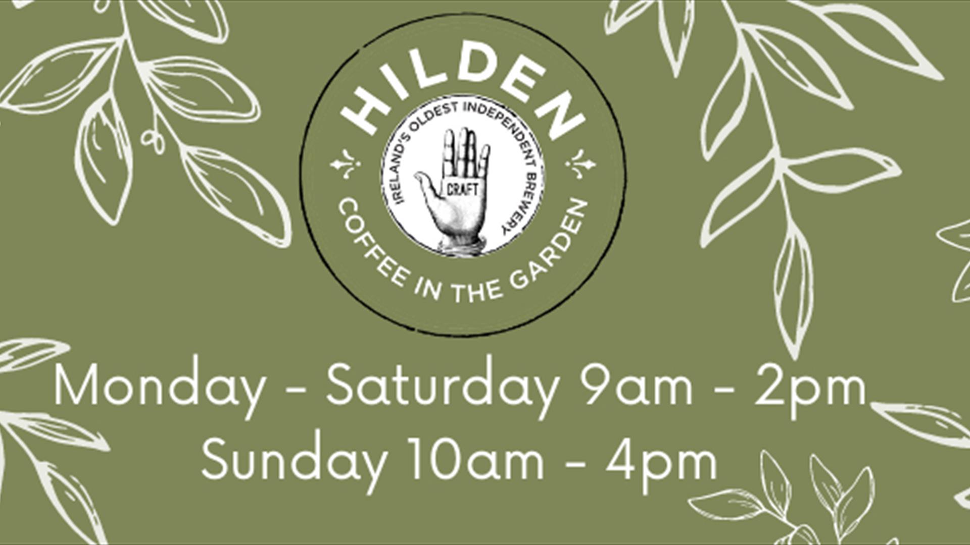 Shows image of coffee shop at Hilden logo with opening times