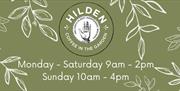 Shows image of coffee shop at Hilden logo with opening times