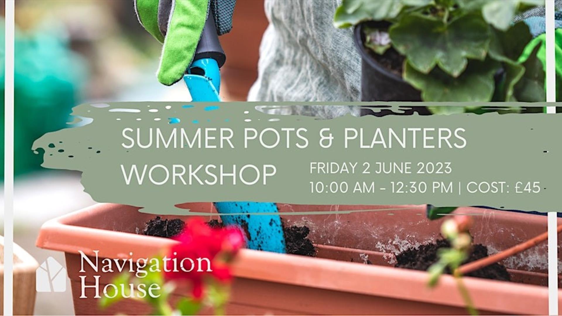 Sign for Summer Pots & Planters Workshop inside planter