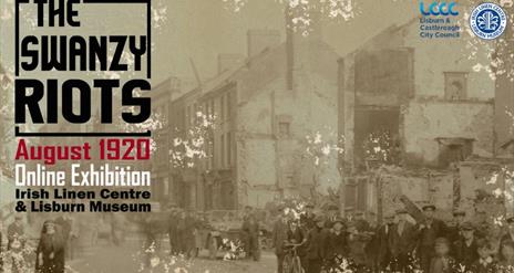 Image shows sepia photograph of the aftermath of the Swanzy Riots in Lisburn in 1920