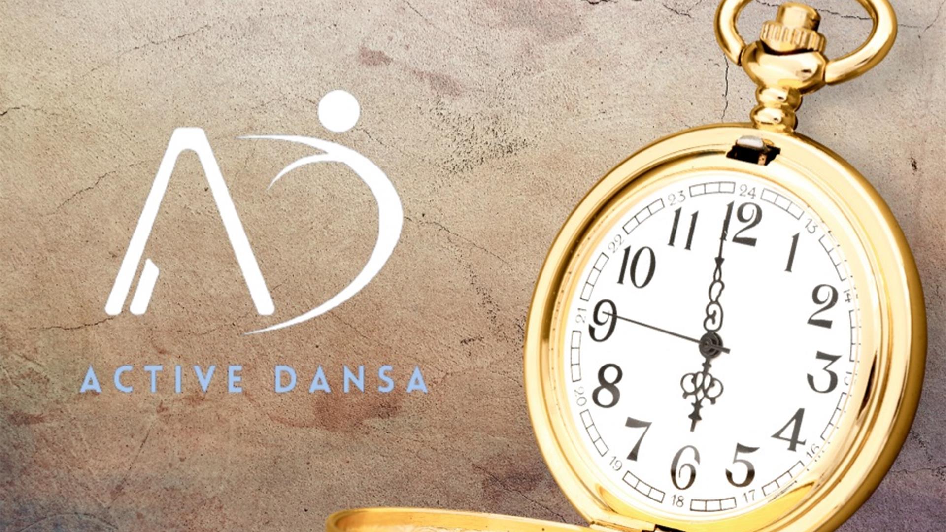 Image of a gold pocket watch and with the words Active Dansa