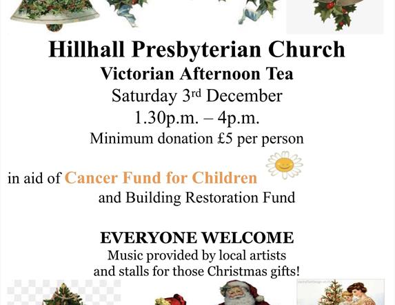 image is of poster with Christmas bells and Santa advertising Victorian Afternoon Tea at Hillhall Presbyterian Church