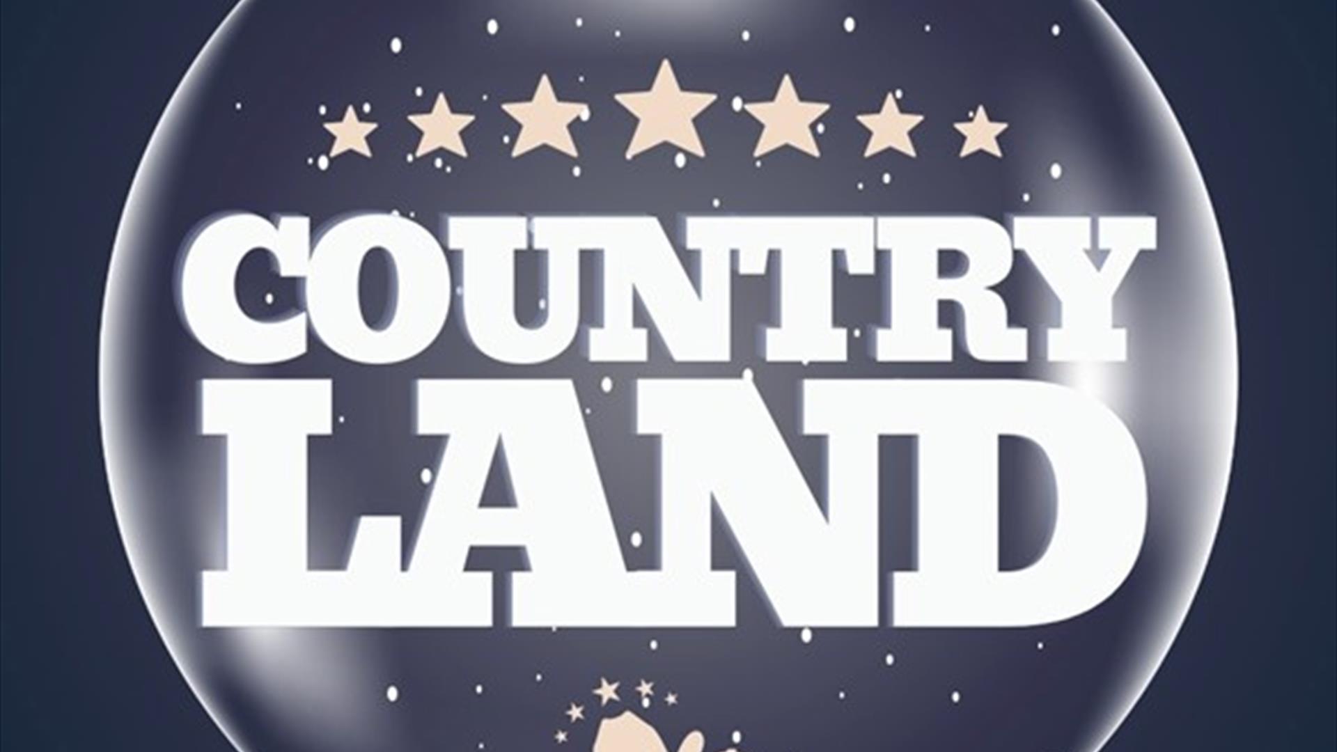 A poster advertising Country Land with stars and cowboy boots and a hat