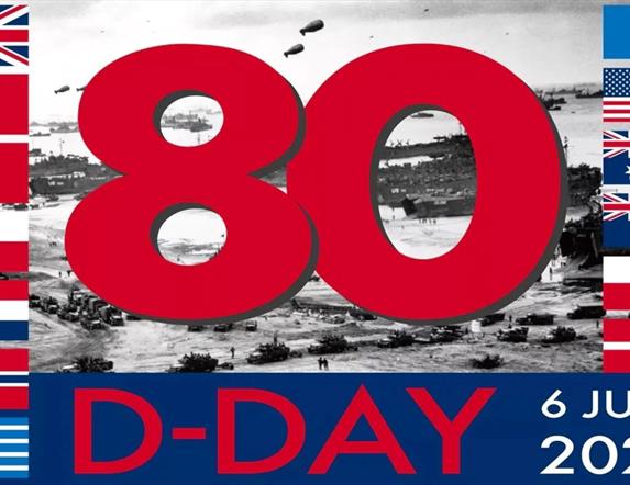 image shows Number 80 in centre and range of D-Day flag in royal blue and red colours with date showing in white 6 June 2024