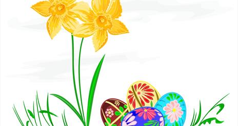 Image is of daffodils and Easter eggs