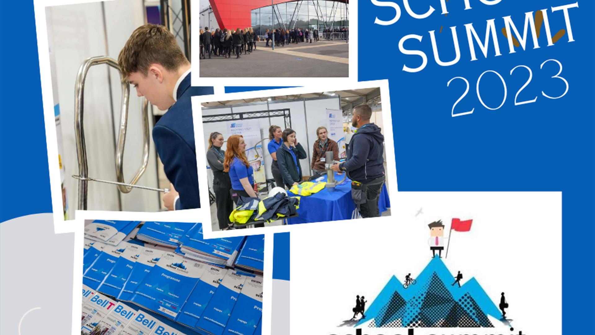 School Summit 23 promotional collage with logo and picture of school children outside Eikon Centre