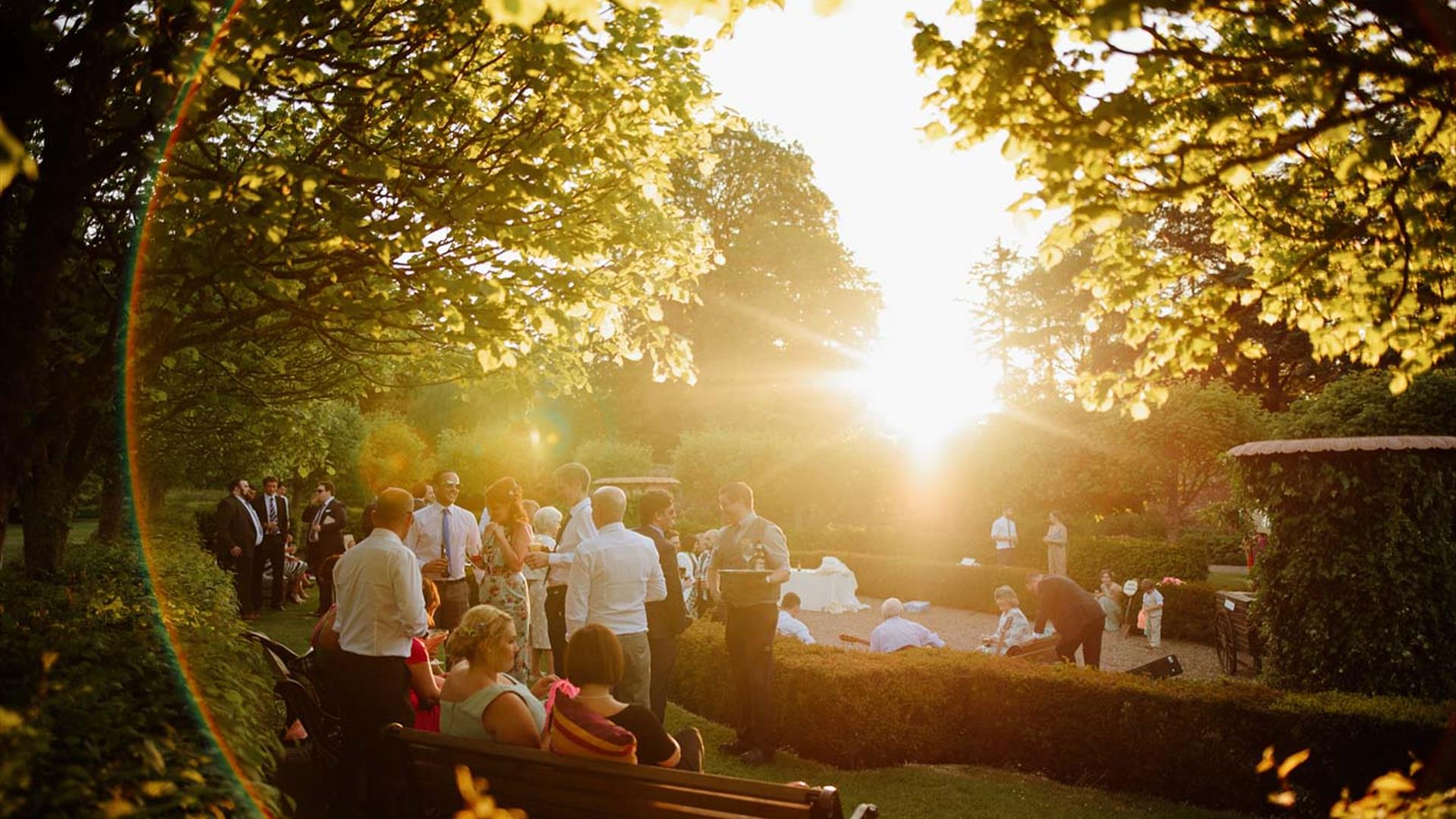 Image shows a beautiful garden with people gathering around and the sun shining through the trees